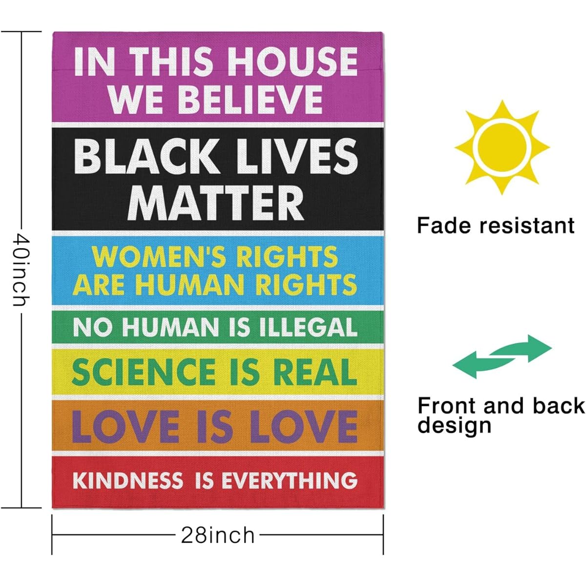 Gay Pride Garden Flag 28x40 Inch In This House We Believe Science Is Real Black Lives Matter Double Sided Vertical Burlap Flag for Outdoor Decor