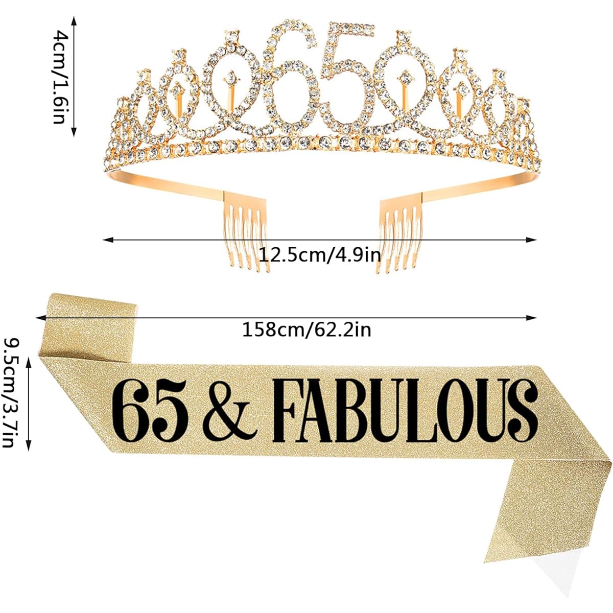 UVATAHONA 65th Birthday Sash and Tiara for Women 65 & Lovely Sash and Crown 65th Birthday Decoration Gift for Women Queen Party Favors Supplies Gold