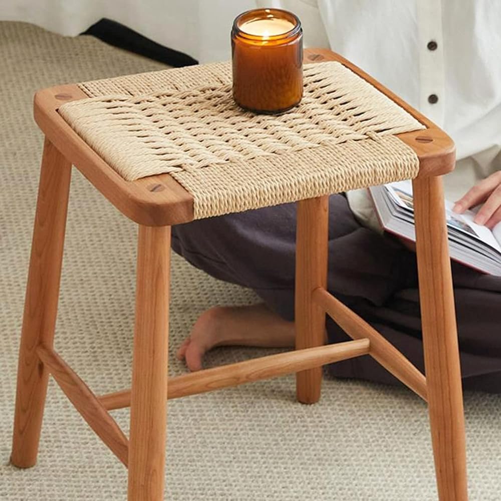 MU RONG Stool Wooden Square American Cherry Rattan Rattan Solid Wood Chair Wooden Chair Wood Stool Dining Chair Living Chair Rattan Chair Durable Rattan Rattan 42cm*36cm*45cm Finished Product Interior Scandinavian Compact