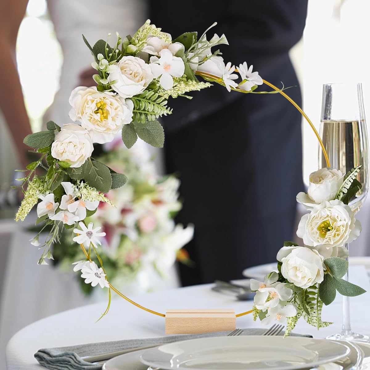 Metal Floral Hoop Centerpiece with Stand for Table, Metal Macrame Gold Riesling with 15 Holder Stands, Centerpiece Table Decoration for DIY Wedding Decorations and Wall Hanging Crafts, 15 Pieces (10 Inch)