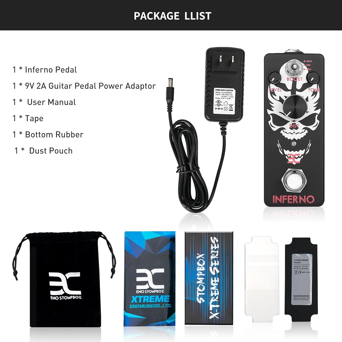 Metal Pedal Power Pack - EX-Inferno Metal Distortion Pedal + 9V 2A Guitar Pedal Power Adapter