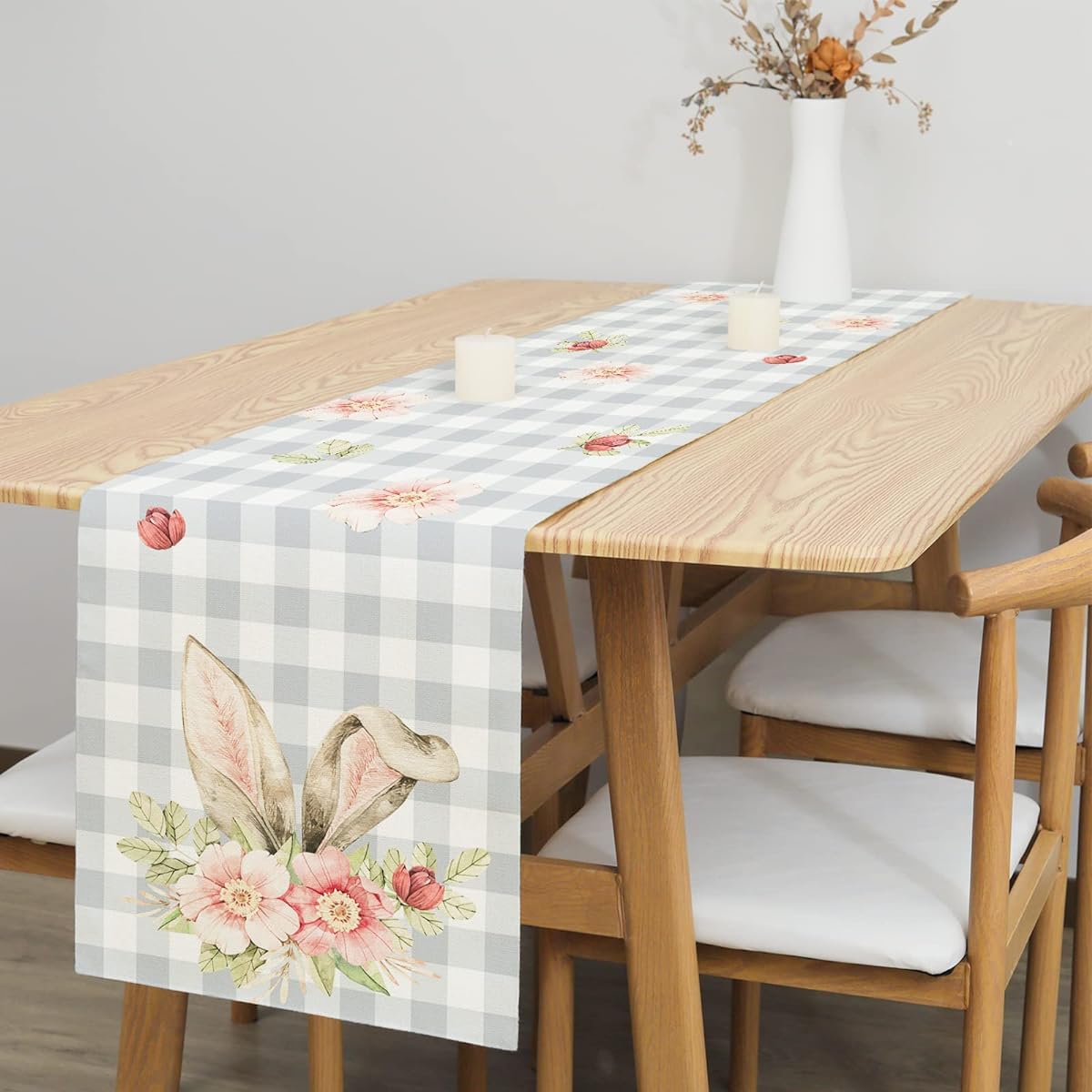 Easter Bunny Flower Table Runner 72" Long Buffalo Check Spring Dining Table Decor Kitchen Holiday Wedding Party Indoor Outdoor Decor