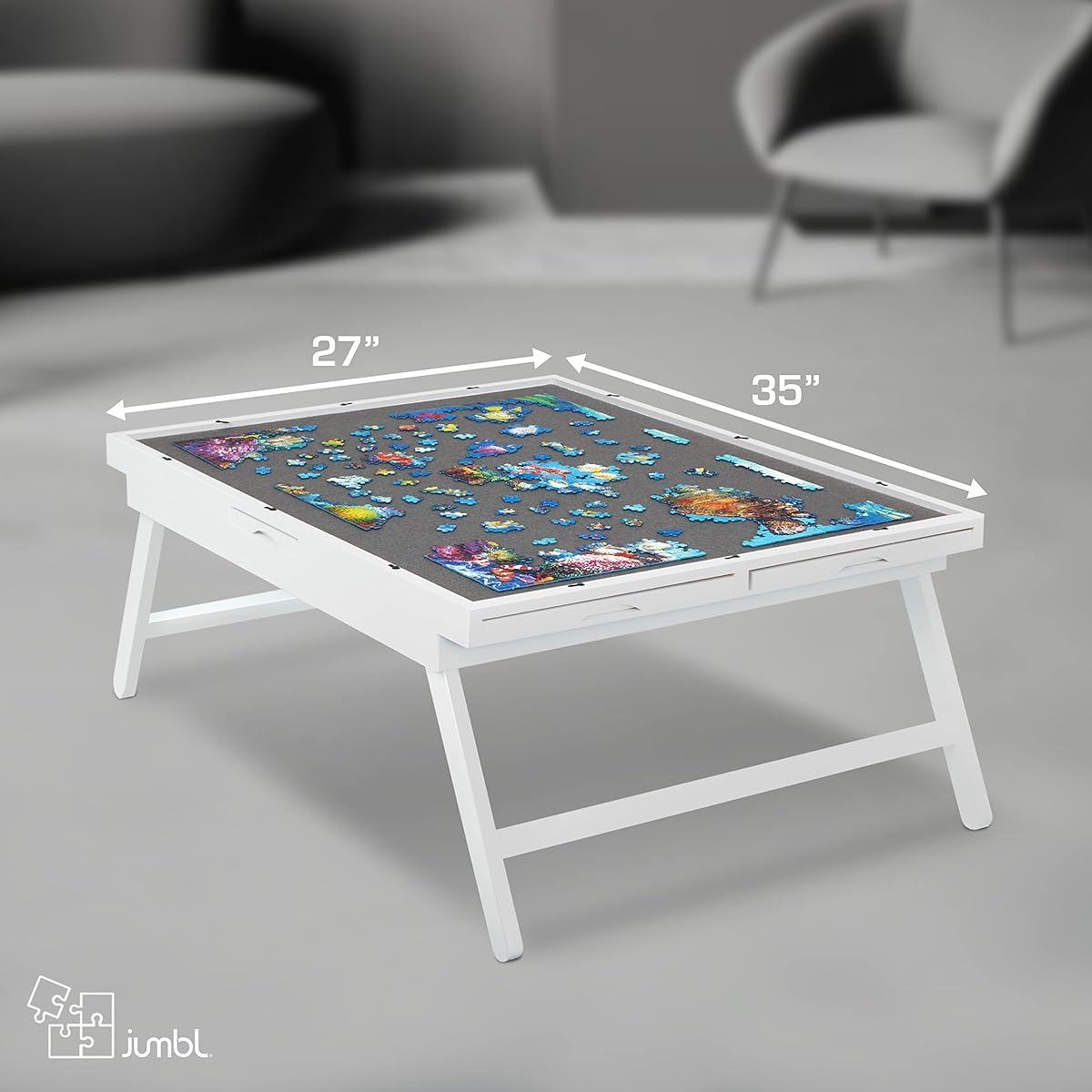 Jumbl Premium 1500 Piece Puzzle Board Rack with Felt Surface, 6 Removable Sorting Drawers, Interlocking Cover, 27" x 35" Wooden Jigsaw Puzzle Table, Reinforced Hardwood Construction
