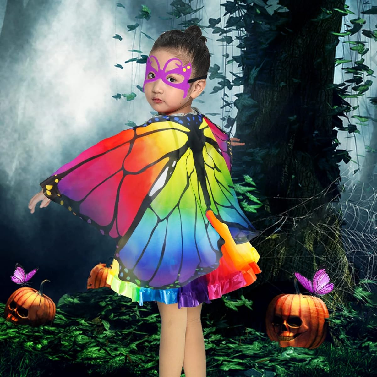 Kids Rainbow Fairy Butterfly Wings Costume and Mask with Tutu Skirt for Girls Pretend Play Dress Up Party Favors