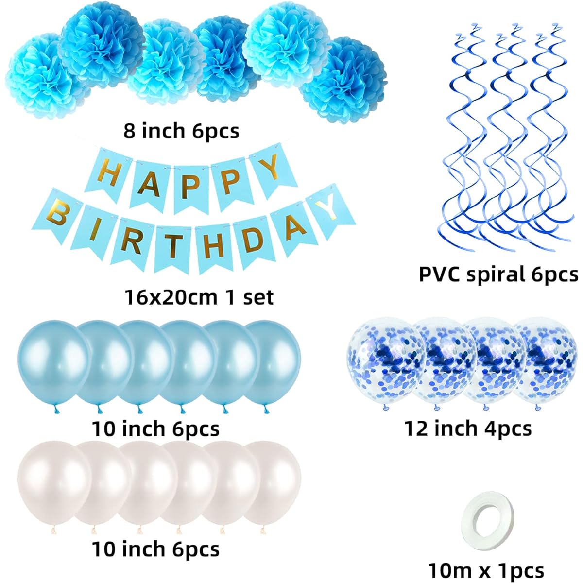 Blue White Birthday Party Decorations Kit - Happy Birthday Banner, Spiral Charms, Paper Flower Balls, Latex Balloons, Confetti Balloons, Boy's Birthday Party Supplies