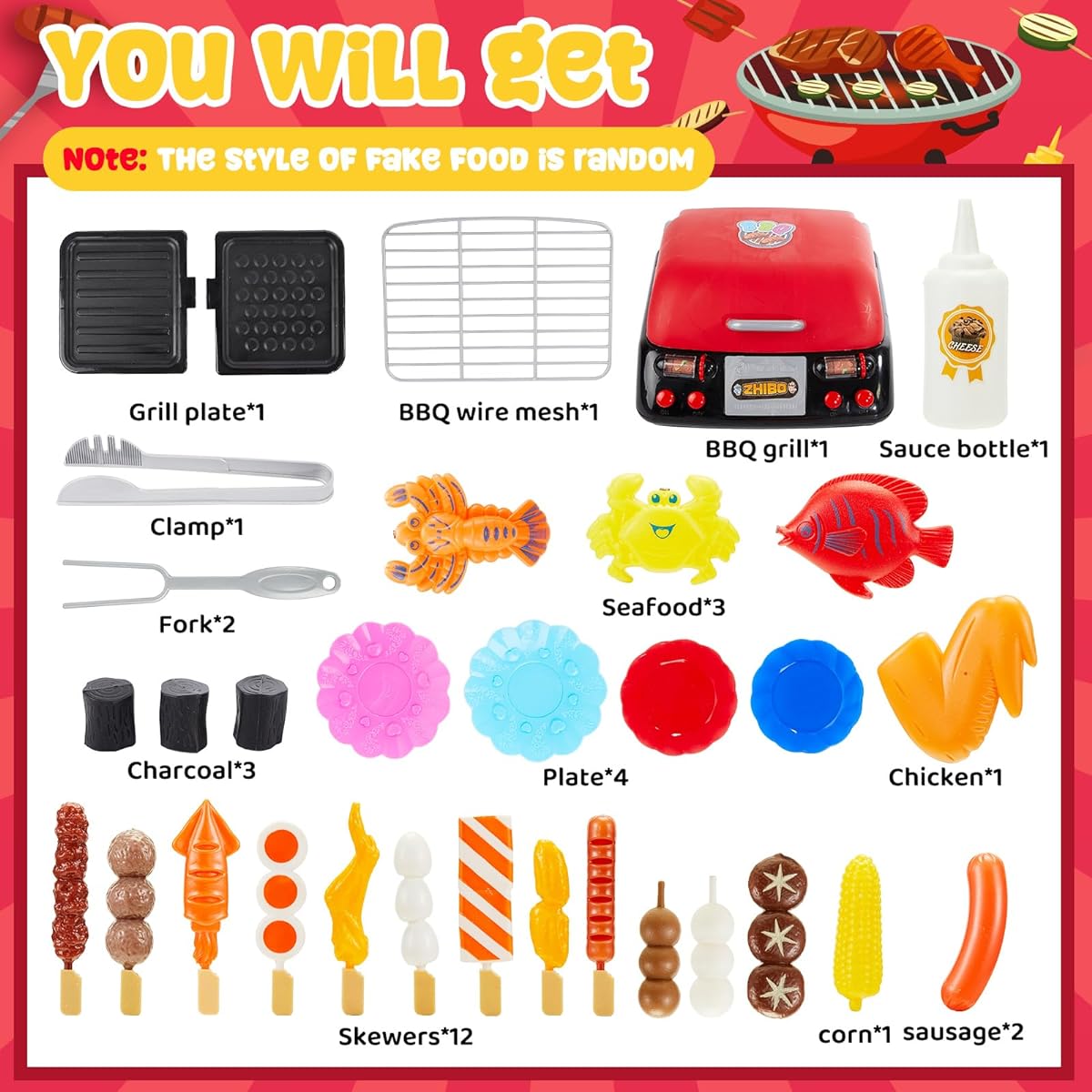 Grill Playset for Kids, Kitchen Pretend Play Set, Kids BBQ Grill Pretend Food Grill with 15 Fake Food Accessories, Toys, Pretend Cooking, BBQ Accessories, Camping Toys for Teens, Girls, Boys