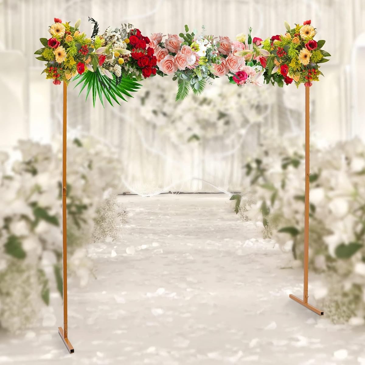 78.75" Gold Square Wedding Arch Stand Backdrop Display Stand Ceremony Party Decoration Centerpiece Gold Garden Arch Heavy Duty Curtain Support Frame Photography Background Metal Arch with Base