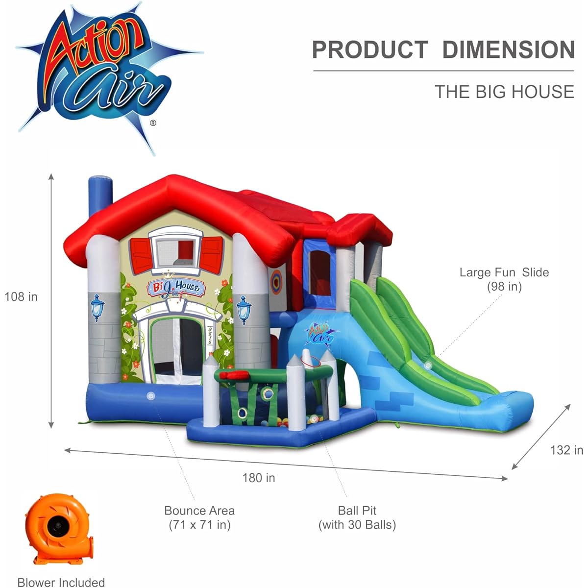Action air Bounce House Bouncy House with Blower Inflatable Bouncer with 30 Pit Balls Jump House with Foldable Sunroof Love for Kids