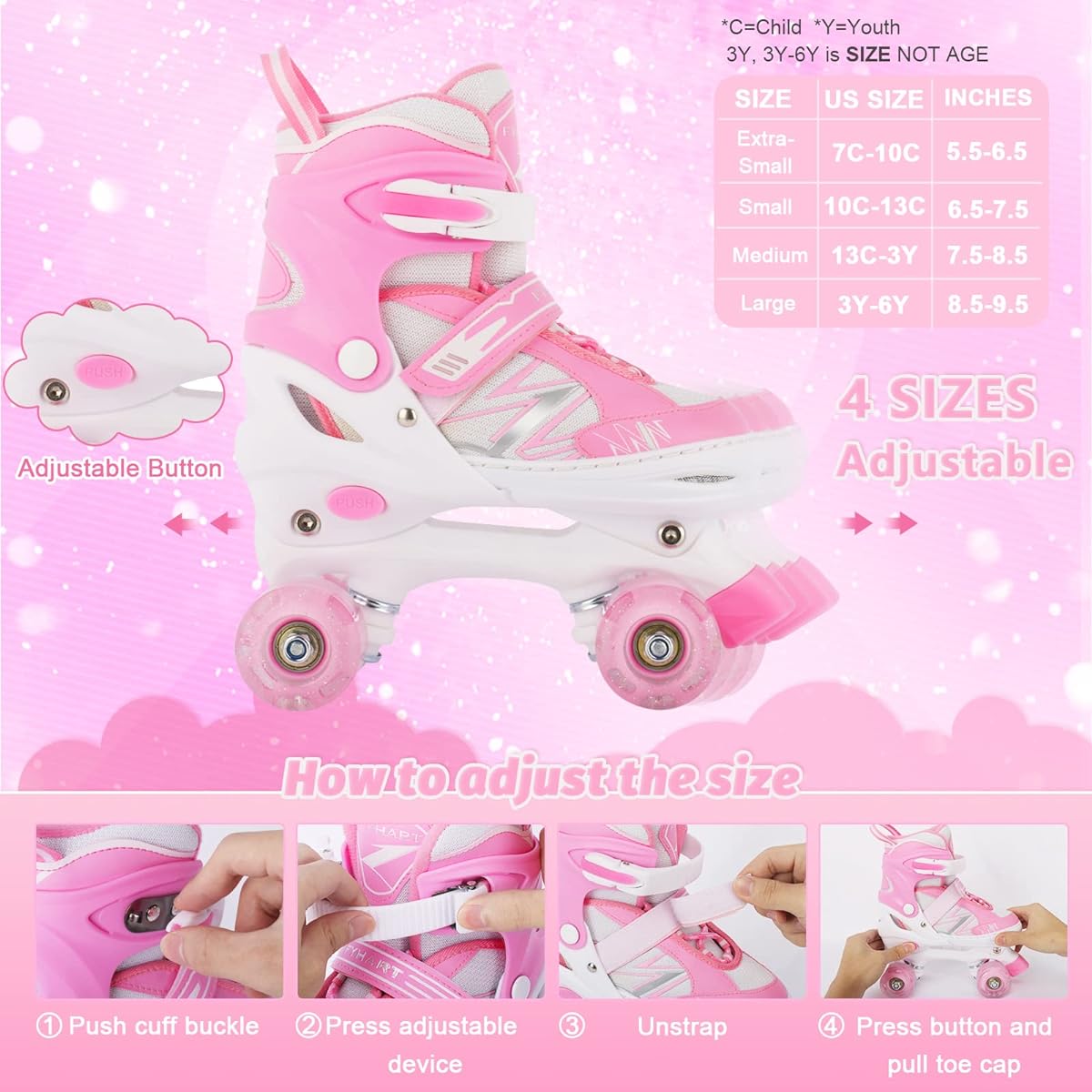 Kids Roller Skates for Girls, Kids Beginners, Toddlers, 4 Sizes, Adjustable Roller Skates with Light Up Wheels, Toddlers, Kids, Roulette
