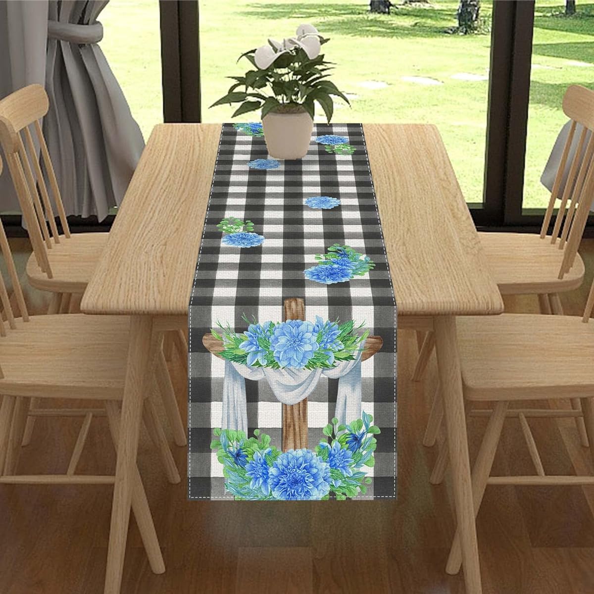 Jiudungs Linen Black and White Buffalo Check Plaid Table Runner 72" Long He is Risen Decorative Farmhouse Spring Summer Easter Home Kitchen Dining Table Decoration