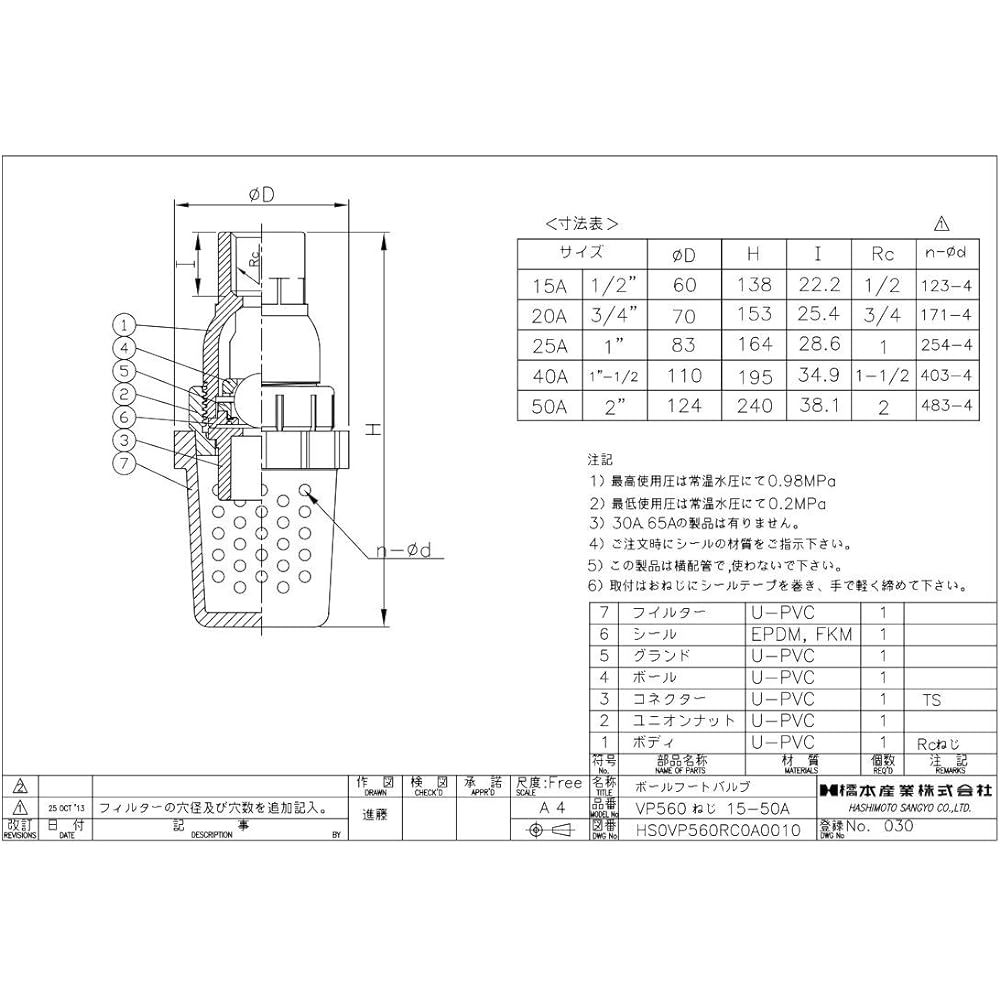 HS valve U-PVC HS ball foot valve VP560 Screw-in type Port size 25A Model VP560N25