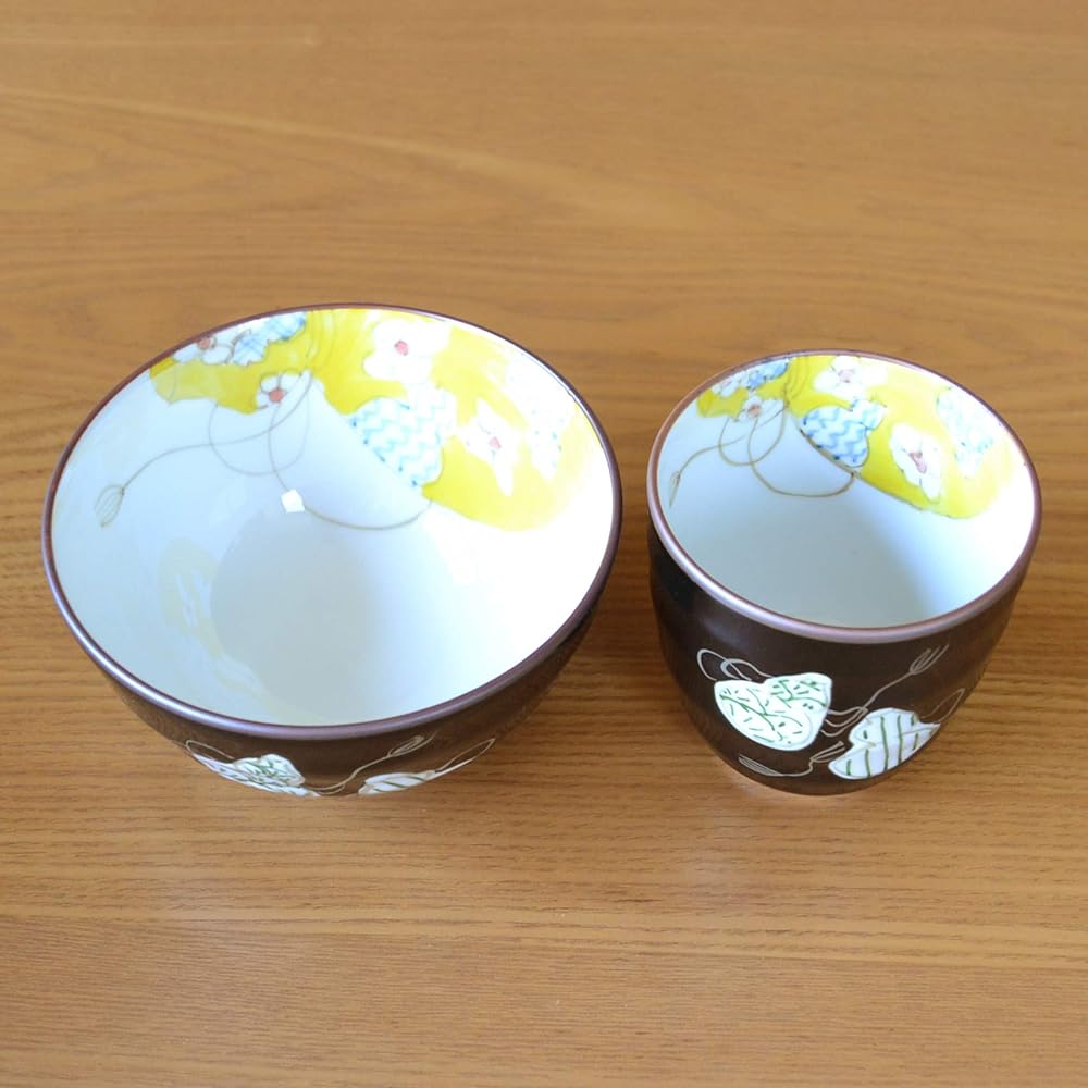 Umbrella longevity celebration, auspicious gift for good health, Arita ware teacup, tea bowl, rice bowl set, six gourd colors, green, noshi and message card included, wooden box