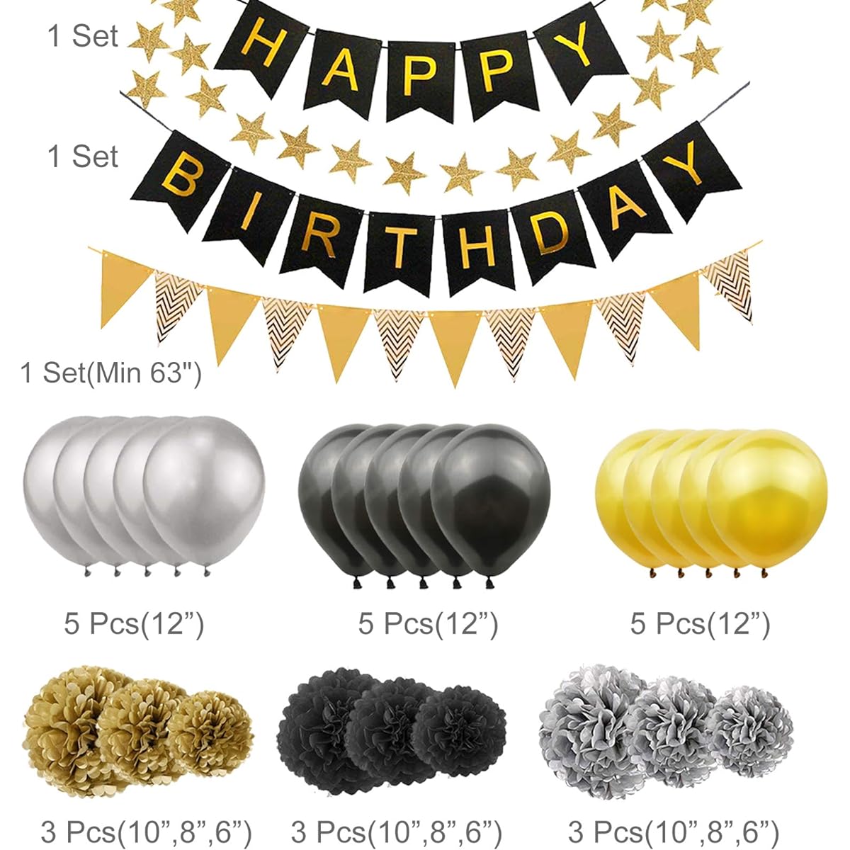 Birthday Decorations for Kids Boys Men Happy Birthday Banner with Paper Fan Gold Honeycomb Ball Triangle Pennant 5 Star Paper Garland Latex Balloon Birthday Party Supplies Decorations