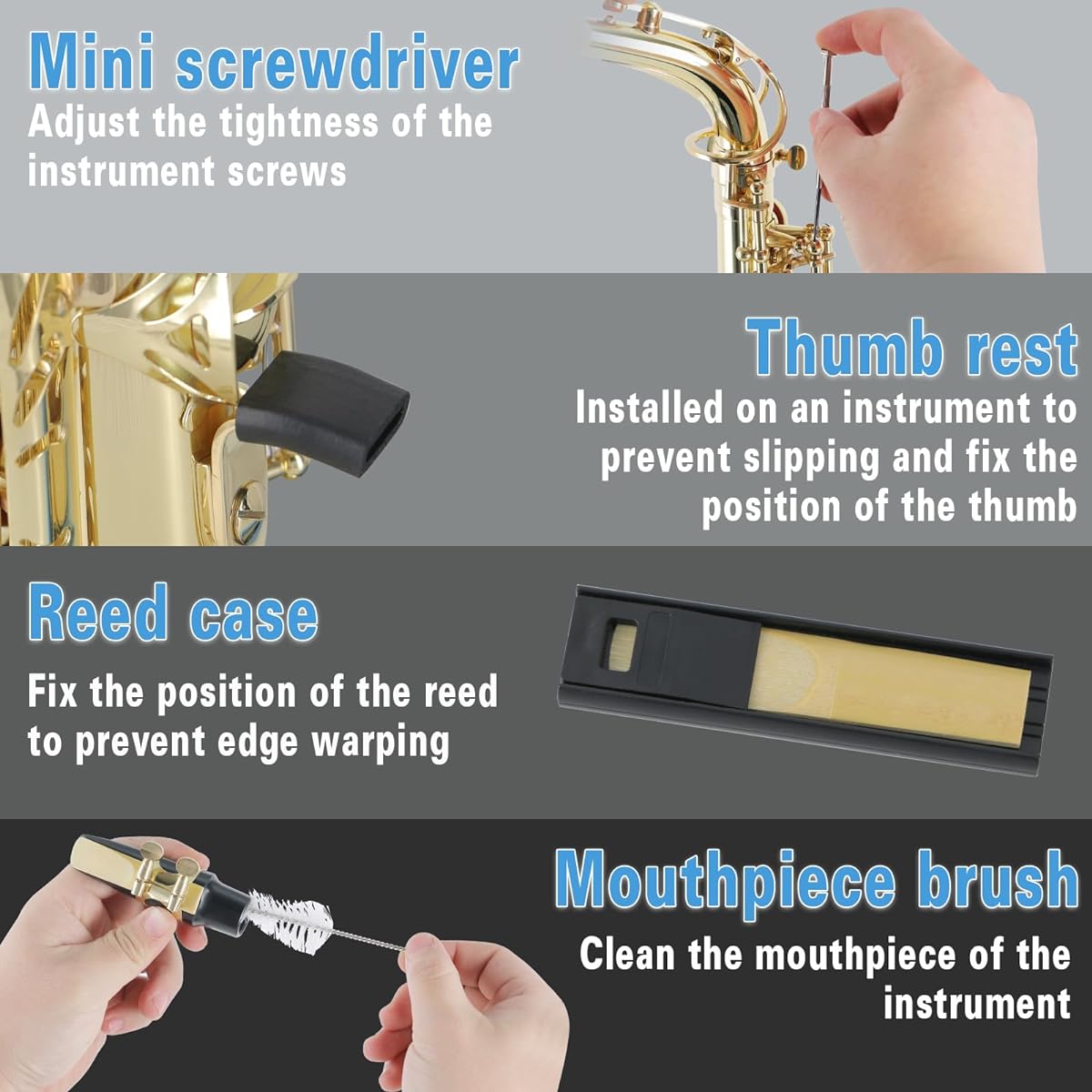 EastRock Saxophone Cleaning Kit Tool with Reed Case Slam Rest Mouthpiece Brush Mini Screwdriver Nylon Strap Cleaning Cloth 9 in 1