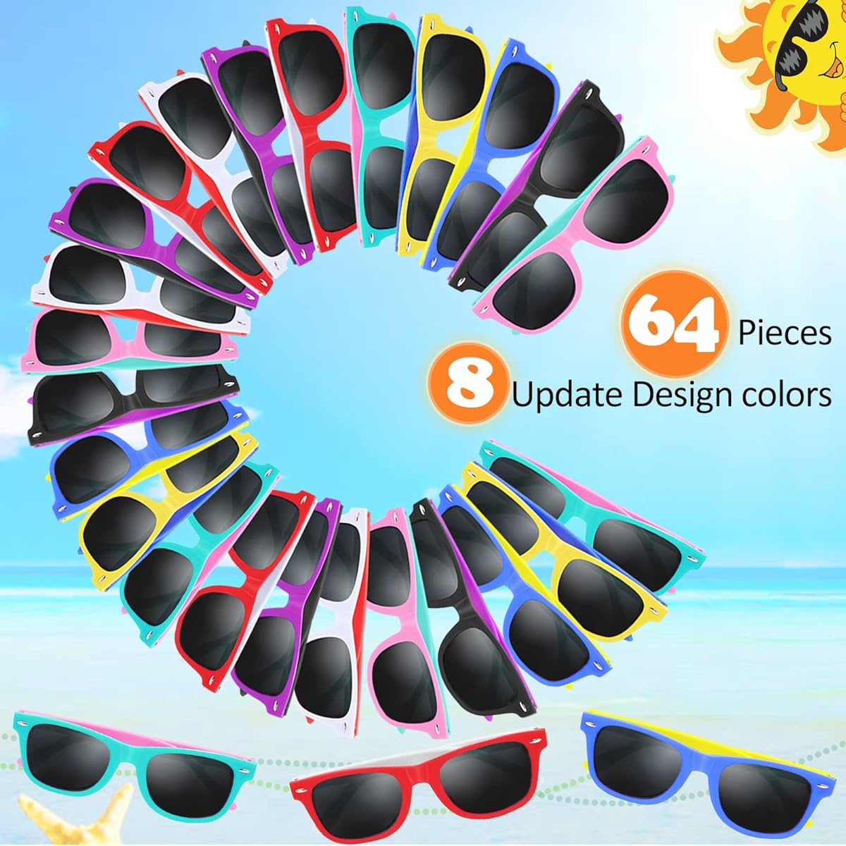 Oleitodh 64 Pack Kids Sunglasses Party Favors Kids Neon Sunglasses Bulk Kids Sunglasses Boys Girls Eyewear Pack Goodie Bag Filler Summer Beach Pool Birthday Party Supplies