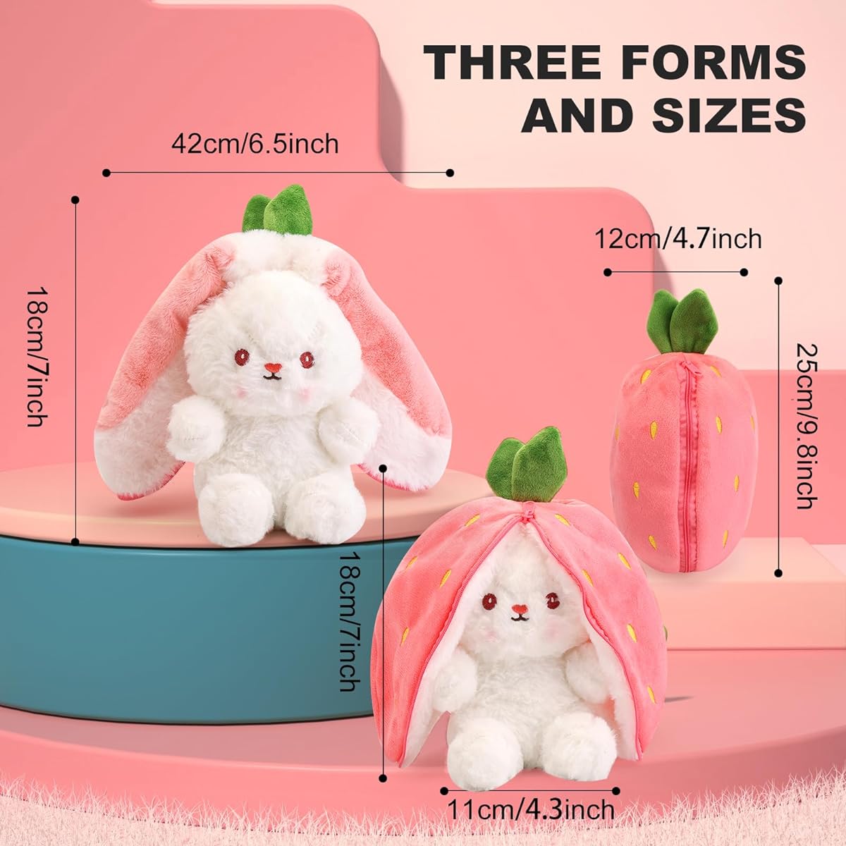 Irokasbar Reversible Strawberry Bunny, Bunny Stuffed Animal with Zipper Cute Novelty Plush Toy for Kids (Strawberry, 7.8 Inch)
