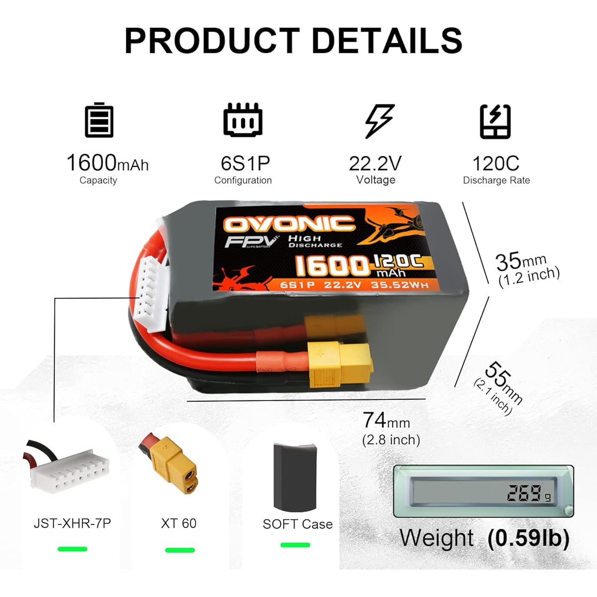 OVONIC 6s Lipo Battery 120C 1600mAh 22.2V Lipo Battery with XT60 Connector for RC FPV Racing Drone Quadcopter