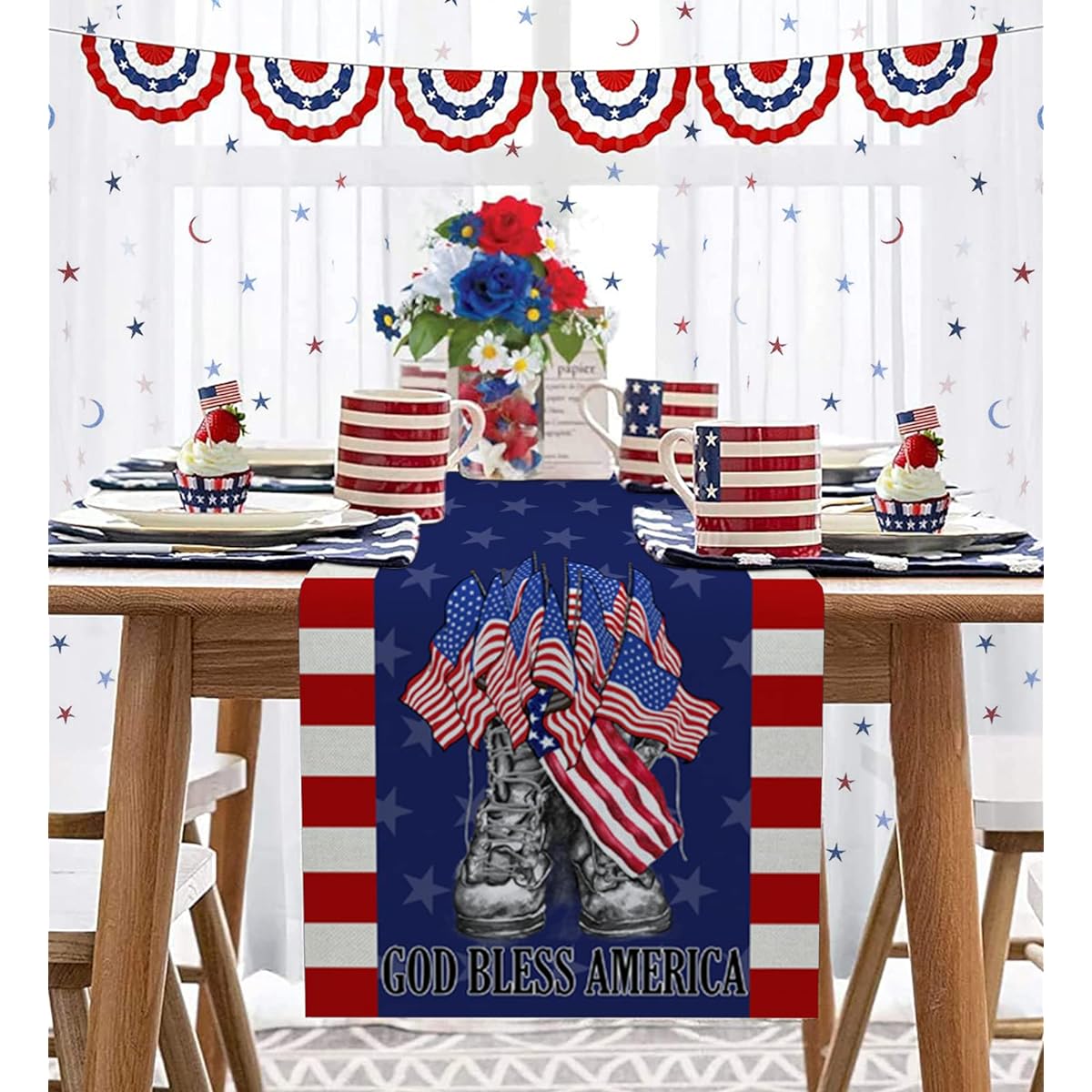 4th of July Table Runner American Flag Freedom Boots Table Runner Independence Day Patriotic Stars Red Stripes Cotton Linen Dresser Scarf Kitchen Table Decor for Memorial Day Holidays 13x120 Inch