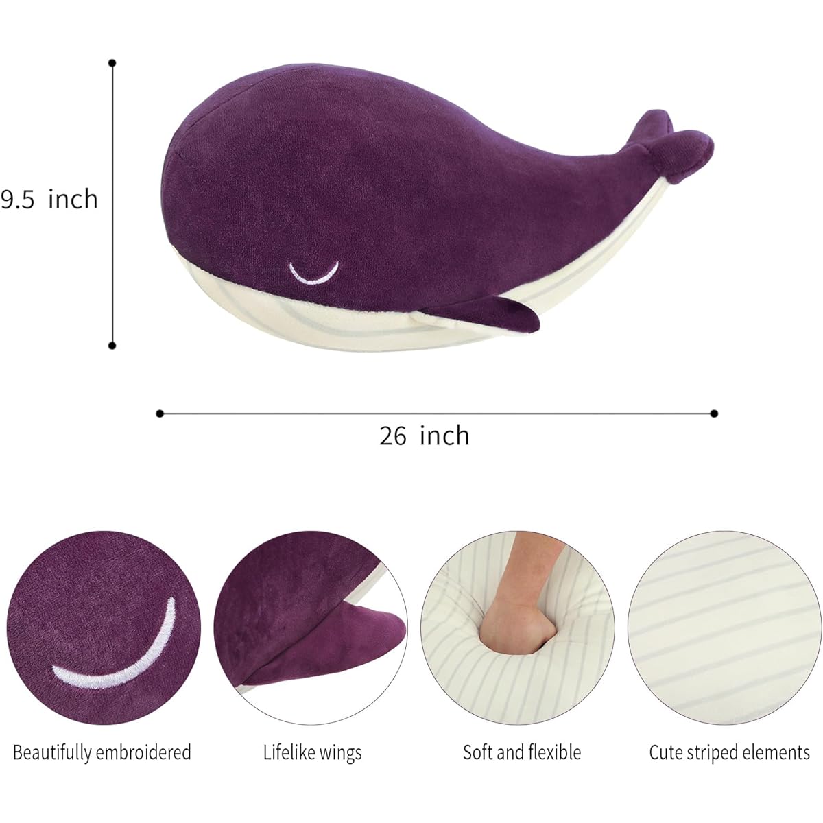 MUPI Whale Stuffed Animal 26" Plush Pillow - Shark Humpback Whale and Jellyfish Plush Toy - Ocean Decor and Toys (Purple)