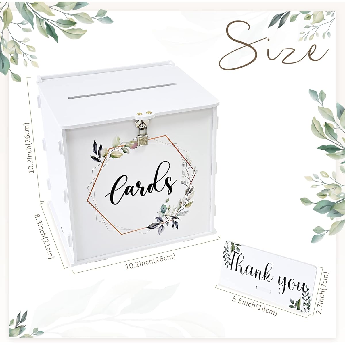 OurWarm White Wedding Card Box with Lock, PVC Gift Card Box for Wedding Reception, Eucalyptus DIY Wedding Envelope Money Card Box for Party Graduation Baby Shower Birthday Decorations