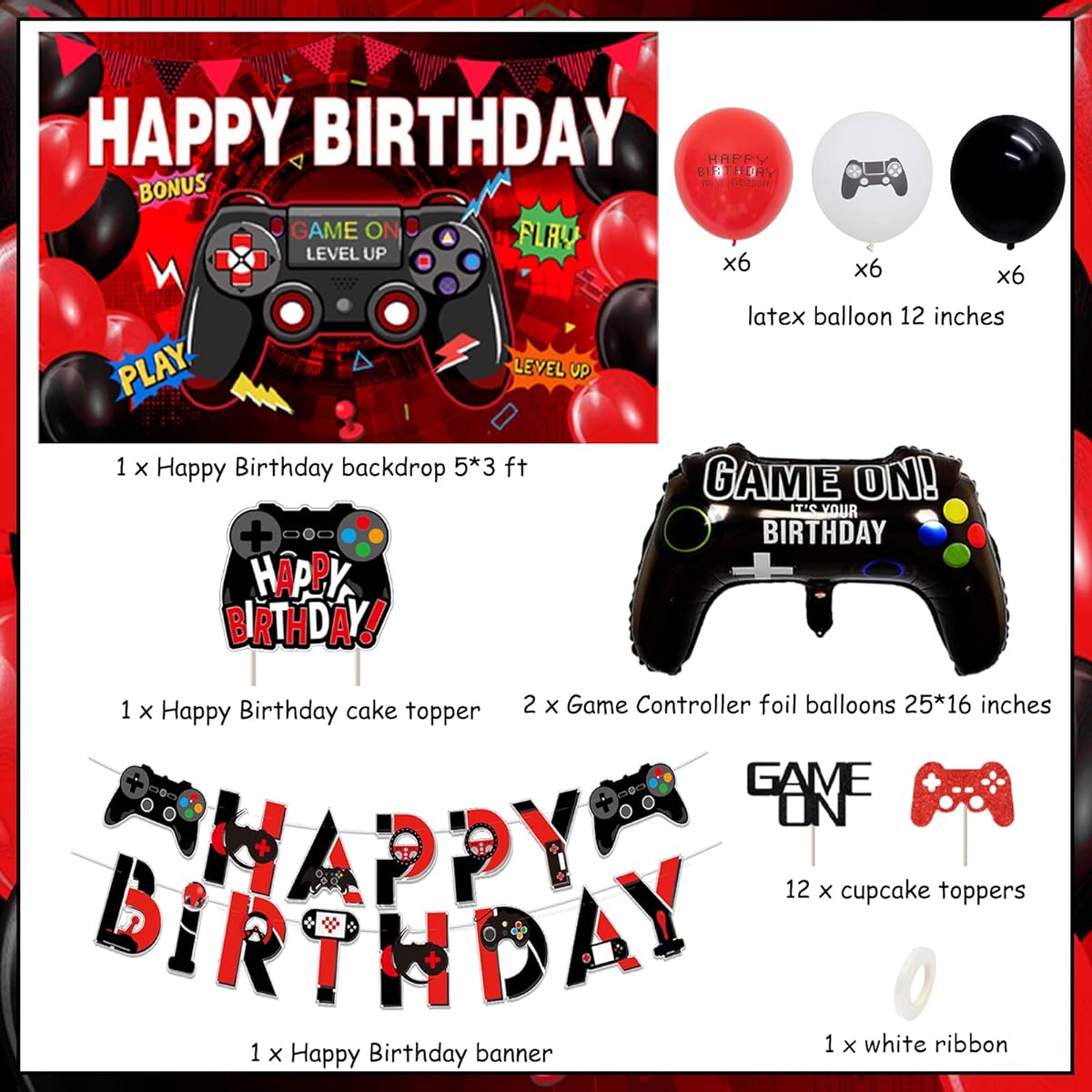 Video Game Birthday Party Decorations Red and Black Gamer Game Birthday Party Supplies Video Game Happy Birthday Backdrop Cake Topper Game Controller Foil Balloons for Boys