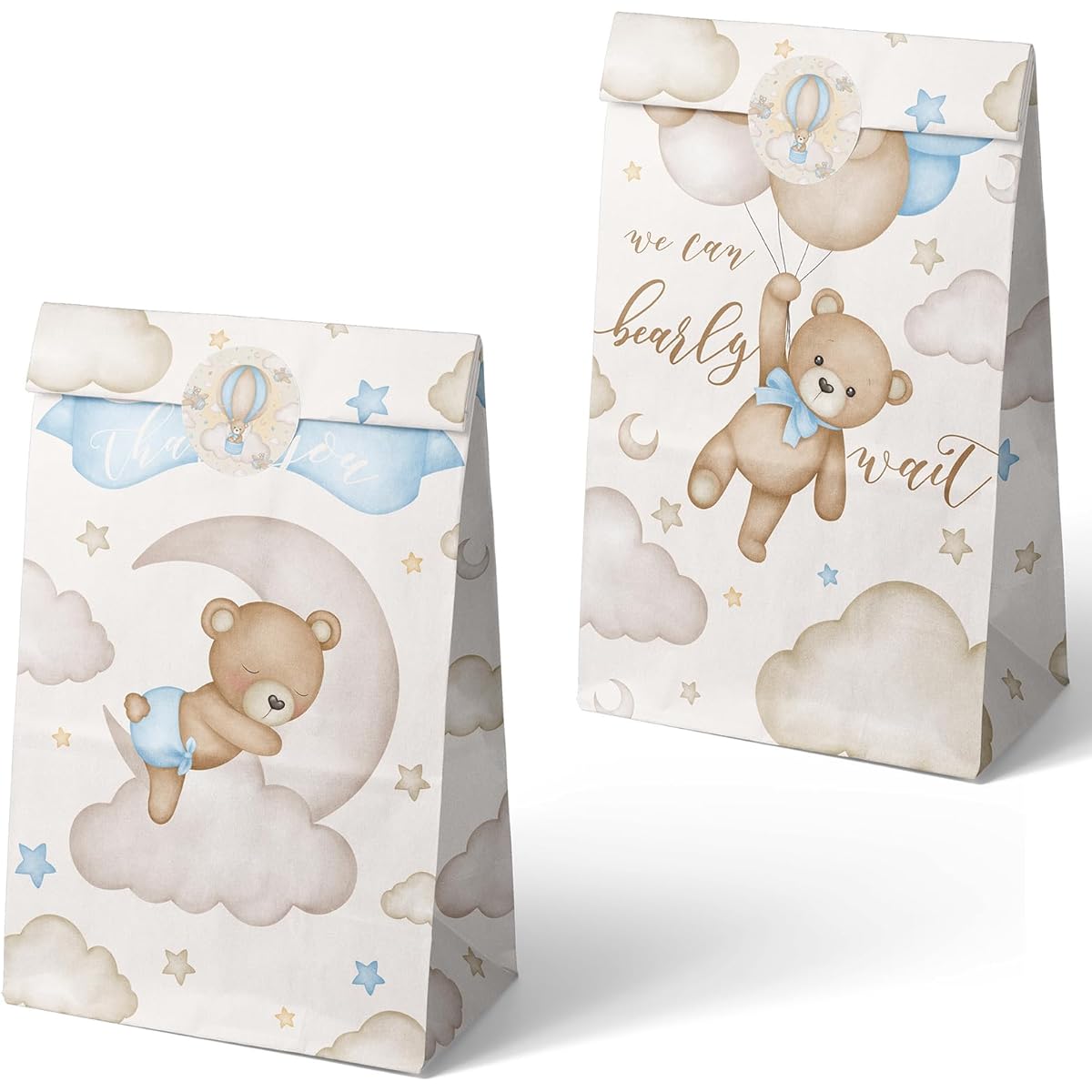 Outego Teddy Bear Party Favor Bags, 24pcs Brown Bear Balloon Baby Shower Goodie Bags, Balloon Bear Theme Baby Shower Bags, Teddy Bear Baby Shower Decorations