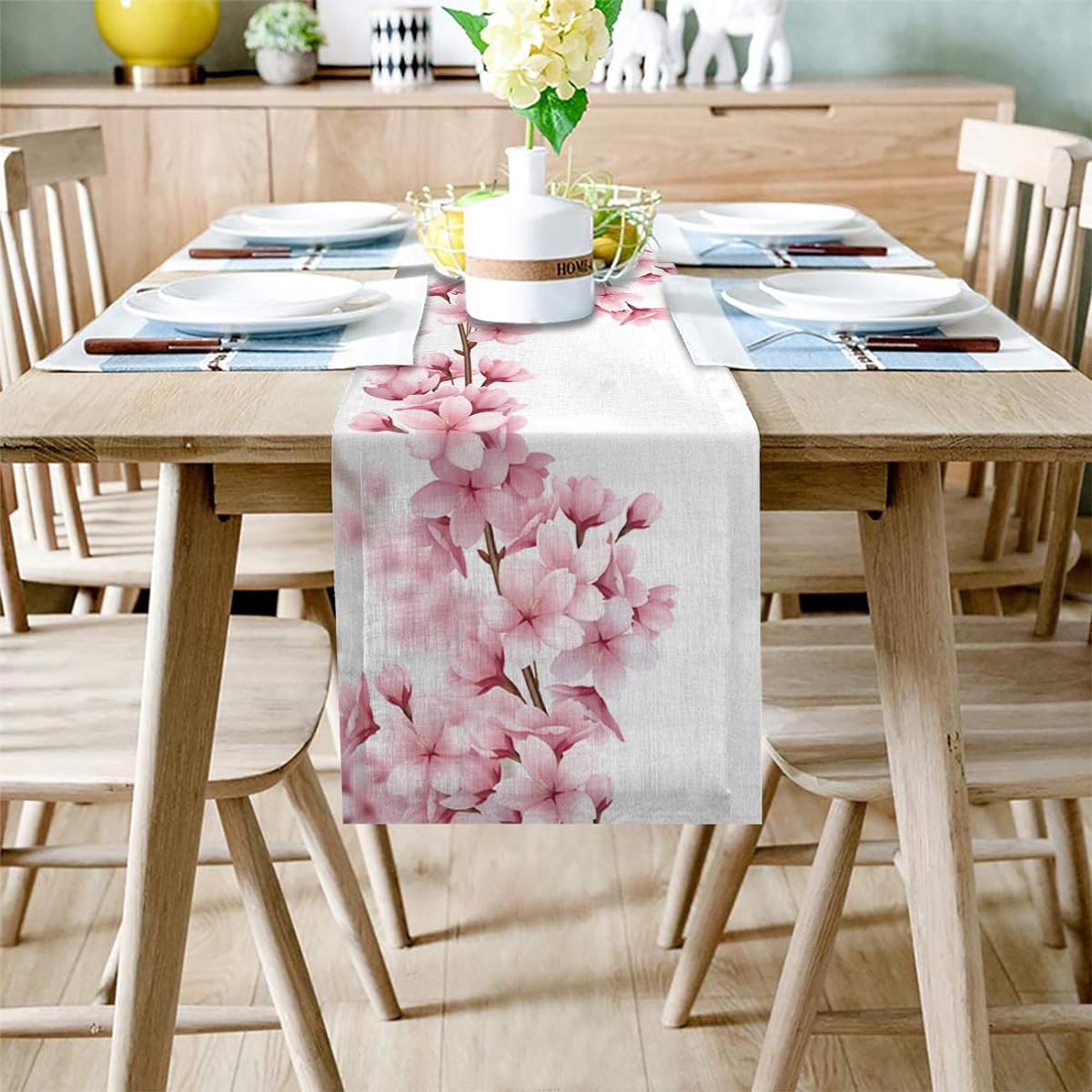 PIEPLE Cotton Linen Table Runner Baby Shower Spring Cherry Blossom Rectangle Table Top Dresser Scarf for Wedding/Picnic/Banquet 16" x 72" Pink Flowers White Background