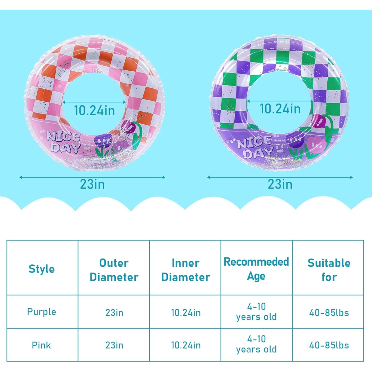Inflatable Pool Floats for Kids, Sparkly Floats for Ages 4-10, Girls, Boys, Pool Tube Toys, Pool Floats Rings Toys, Summer Beach Swimming Pool Floats Party Supplies (2 Pack)