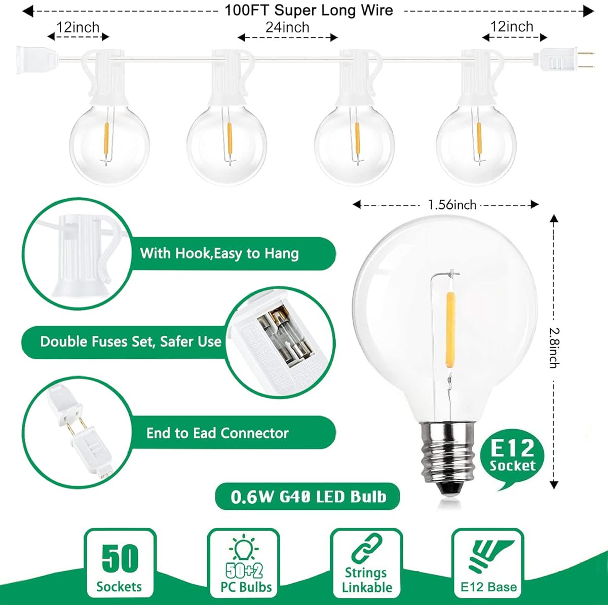 SUNSGNE 100Ft LED Globe String Lights Shatterproof Waterproof G40 Outdoor String Lights with 52 Dimmable LED Bulbs, Connectable Hanging Patio String Lights for Room Party Bistro Pergola Tents, White