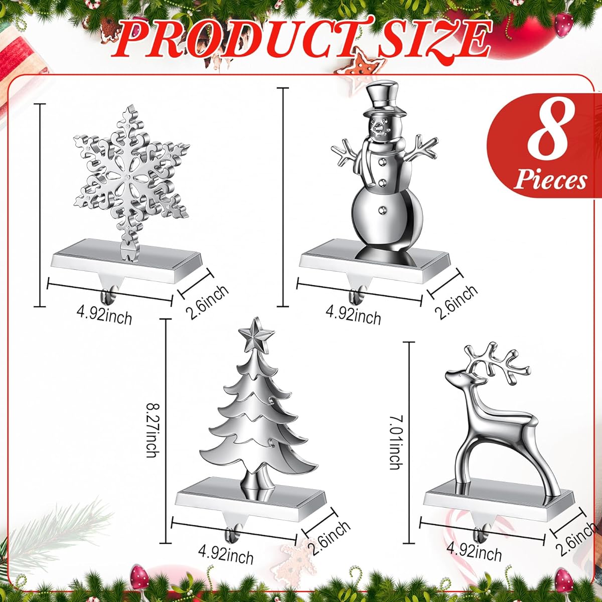 Therwen Set of 8 Christmas Stocking Holders Fireplace Stocking Hooks Snowman Snowflake Christmas Tree Deer Christmas Stocking Hooks for Christmas Decorations Mantel Stairs Party (Chic)
