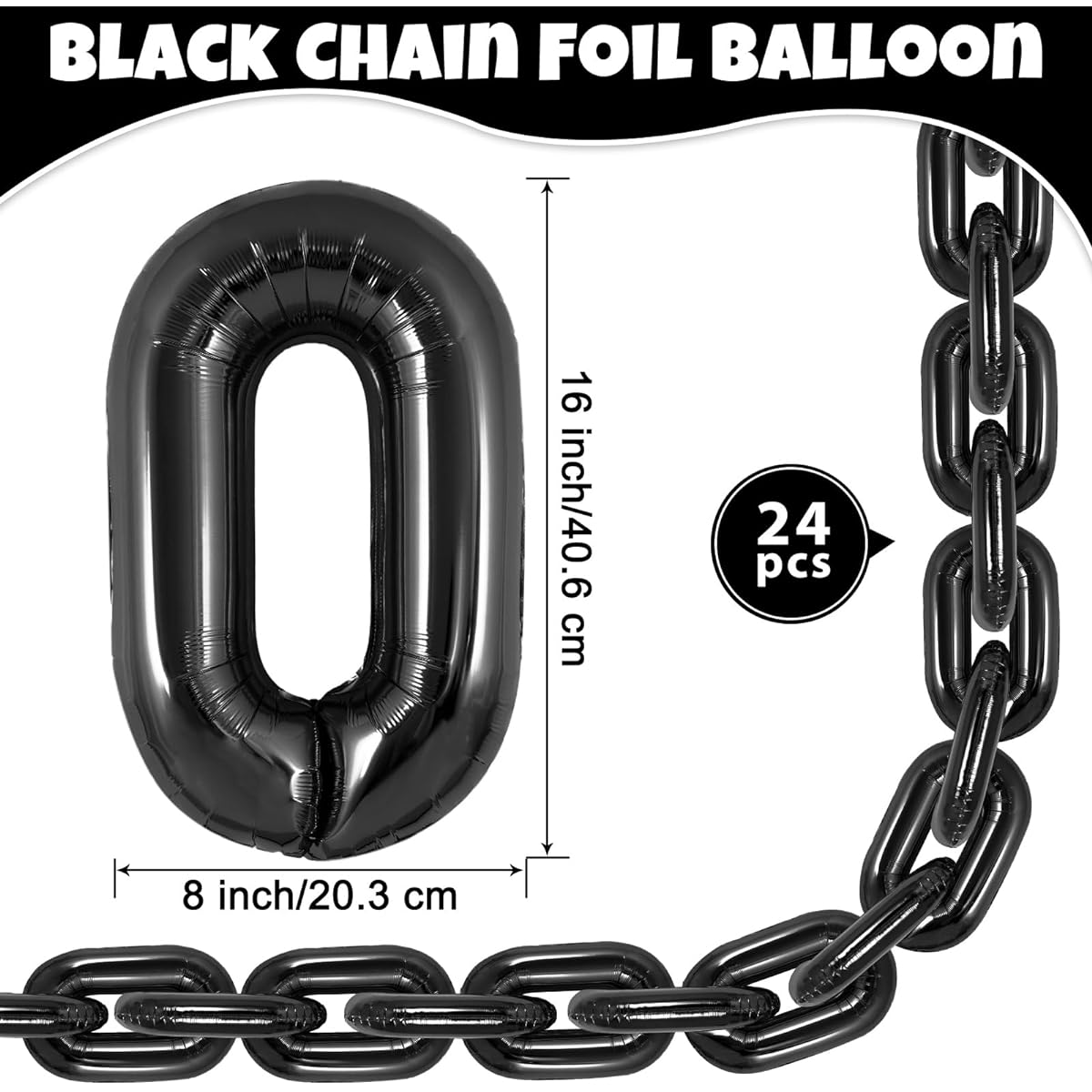 24pcs Chain Balloons Large Chain Balloon Garland 16 Inch Foil Chain Balloons 80's 90's Party Decorations Birthday Wedding Graduation Hip Hop Retro Theme Party Supplies (Black)
