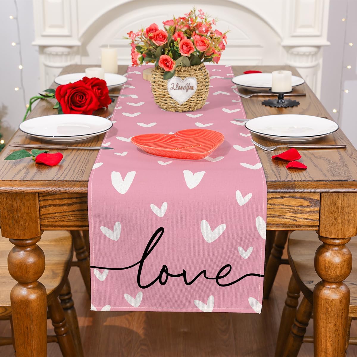 Siilues Valentine Table Runner Sweetheart Valentine's Day Decorations Pink Valentine Runner for Table Seasonal Sweet Holiday Decor Indoor Outdoor Dining Table Decorations (13" x 36")