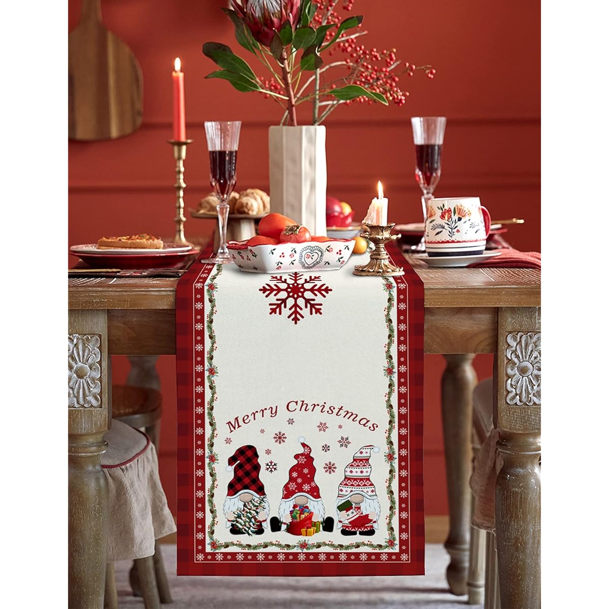 Christmas Gnome Plaid Burlap Table Runner, 120" Long Cotton Linen Table Runner Tablecloth Christmas Table Decorations for Wedding/Holiday/Party/Dining Room Merry Christmas Table Setting Decor