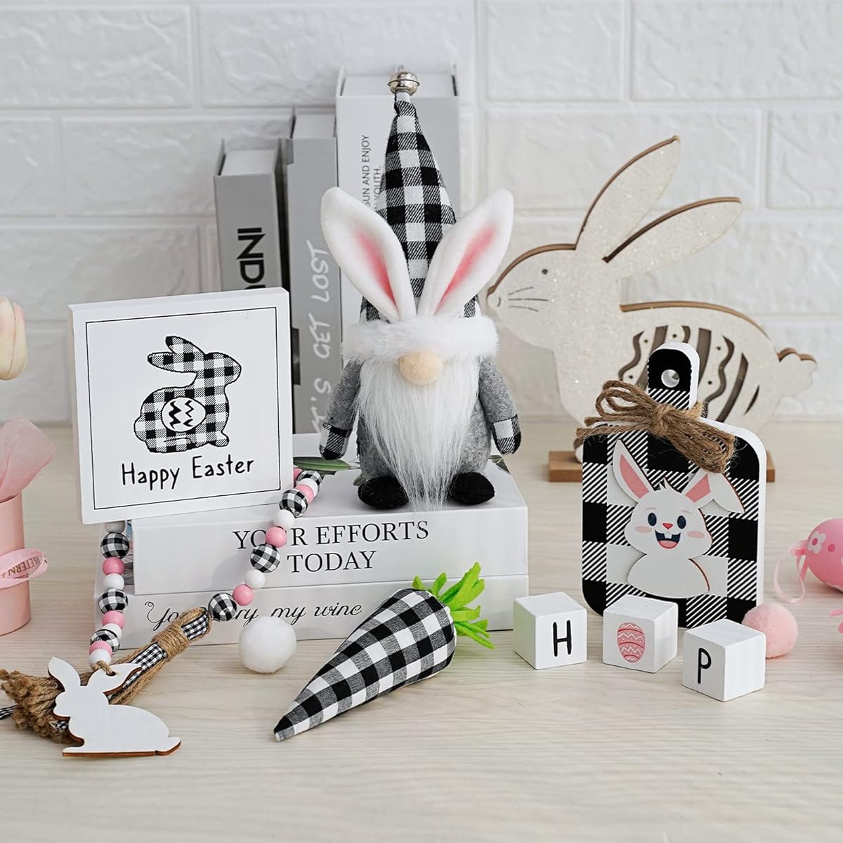Easter Decor 8 Pieces Spring Easter Bunny Gnome Tiered Tray Decor Buffalo Checkered Easter Gnome Stuffed Animals Black Check Carrot 3D Easter Wood Sign Beaded Garland Easter Farmhouse Kitchen Table Decor