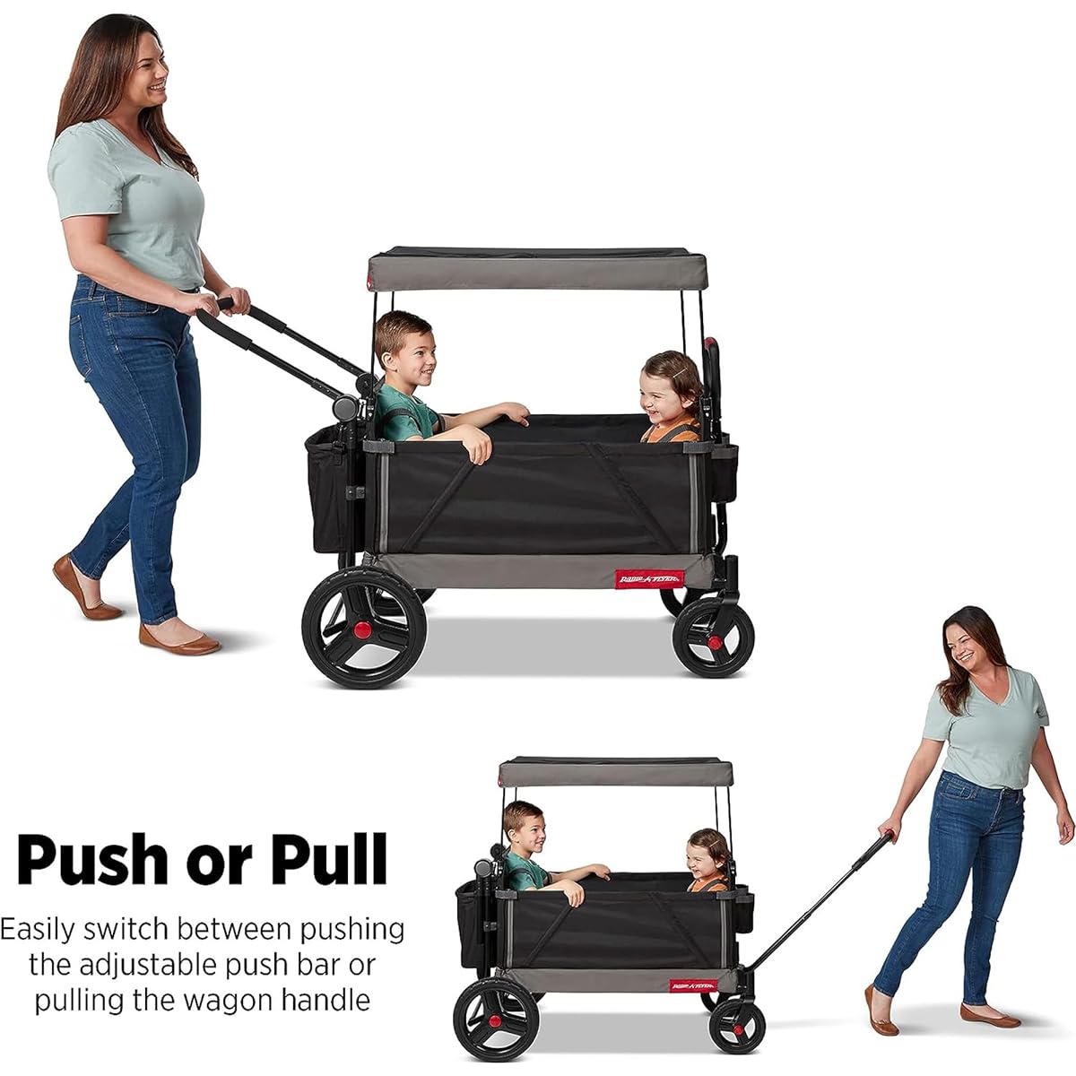 Radio Flyer Foldable Collapsible Push and Pull Stroller Kids Wagon with Protective Canopy Cover and Travel Case for Ages 1+, Black