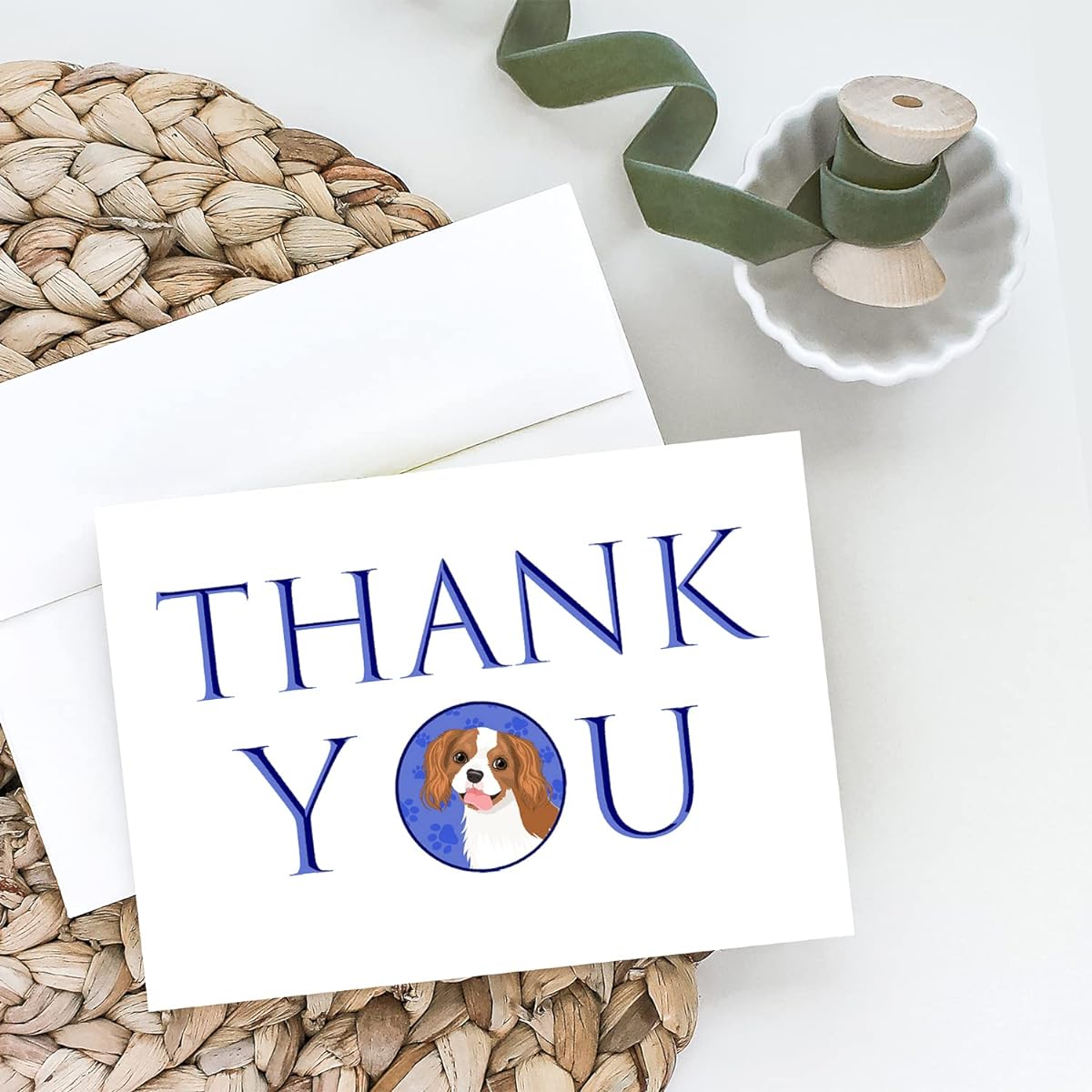 Caroline's Treasures CK9034GCA7P Cavalier King Charles Spaniel Blenheim #2 Thank You Greeting Cards and Envelopes Pack of 8, 7 x 5 Inch, Multicolor