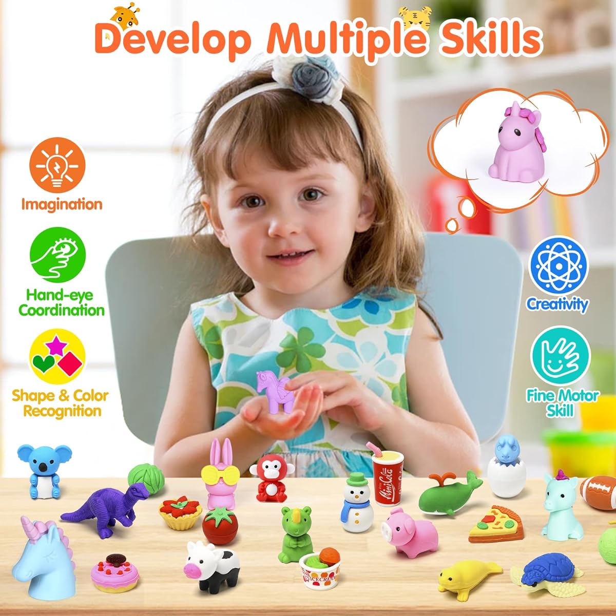 Moosia 120 Pack Animal Pencil Erasers for Kids Bulk Desk Pet Toys 3D Mini Puzzle Erasers Take Apart Erasers Treasure Chest Toys Games Giveaways Party Favors Gifts Class Prizes Rewards School Supplies