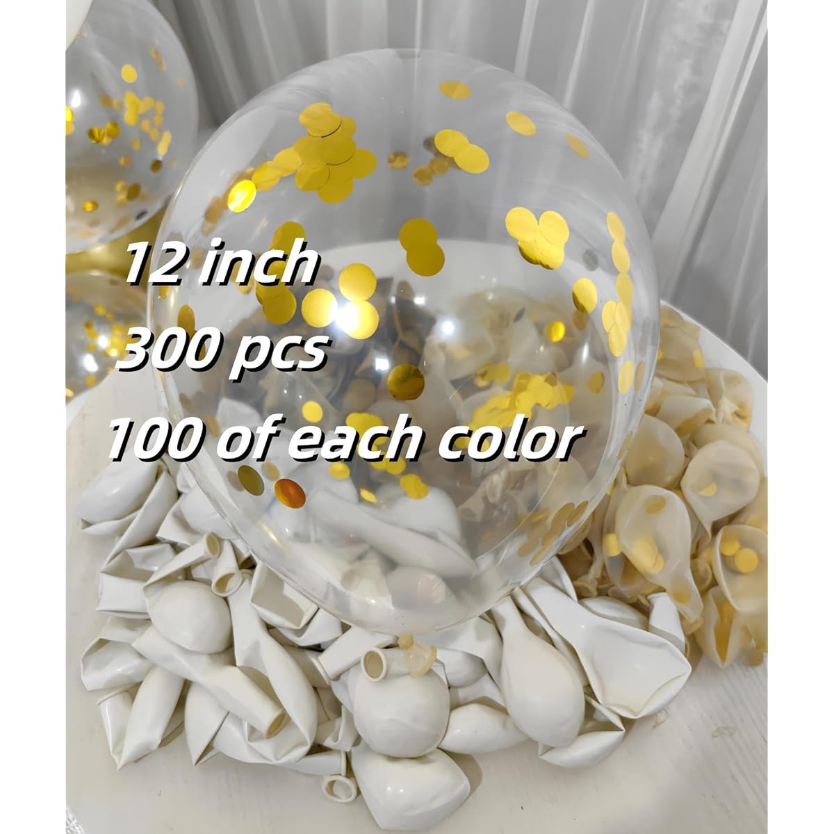 300 Pack Gold and White Balloons + Gold Confetti Balloons - 12 Inch for Birthday Party, Wedding, Baby Shower, Graduation - White and Gold Balloon Decorations