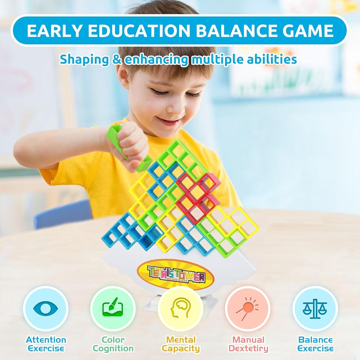 FLLOBE Tetra Tower Game, 64 Pieces Team Tower Game for Kids & Adults, Tetris Tower Game, Family Board Game, Balance Stacking Block Game, Great for Family/Party/Travel, Colorful