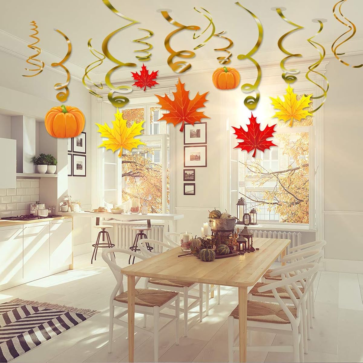 Autumn Thanksgiving Swirl Decorations - Pumpkin and Maple Leaf Fall Theme Party Supplies, No DIY Required, Pack of 36
