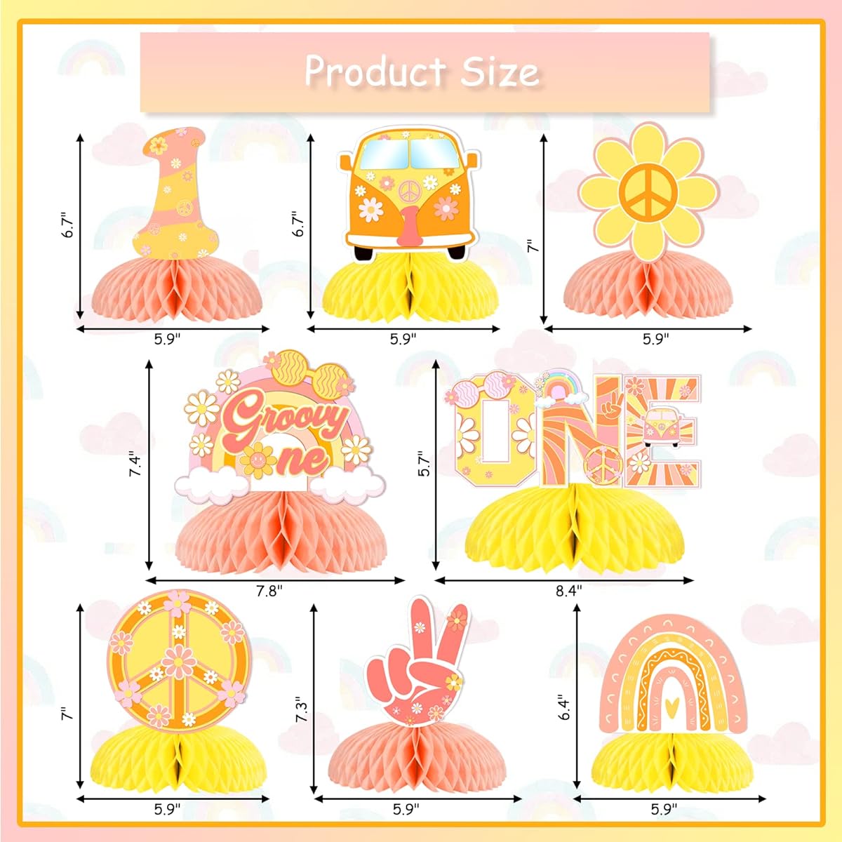 Groovy Hippie Boho Party Honeycomb Groovy One Baby Girl First Birthday Decorations Table Topper Rainbow Groovy Daisy Flower Photo Booth Props Baby Shower Birthday Party Supplies