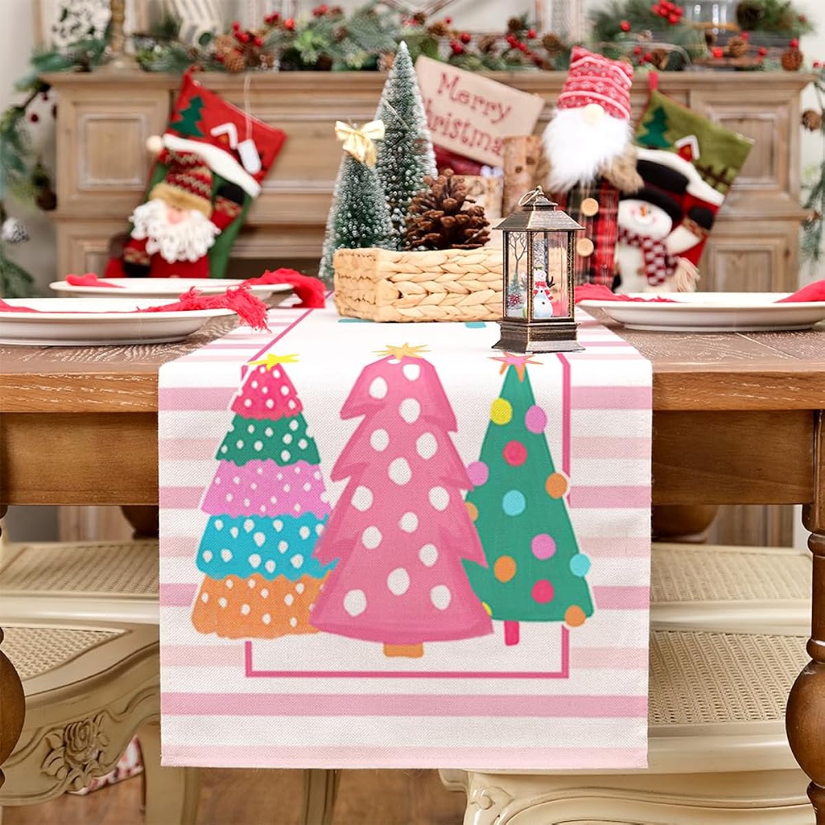 GEEORY Christmas Table Runner 13 x 72 Inch Pink Striped Tree Cheerful Bright Christmas Decoration Farmhouse Table Decoration for Kitchen Dining Indoor Outdoor Dinner Party GT125-72