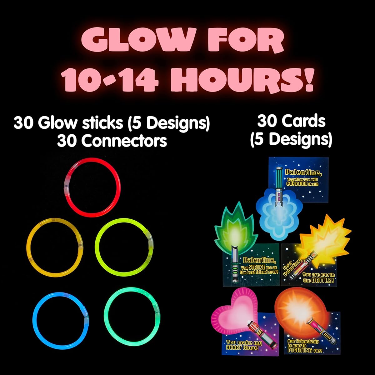 30 Pack Valentine's Day Cards with Glow Stick Bracelet Connectors