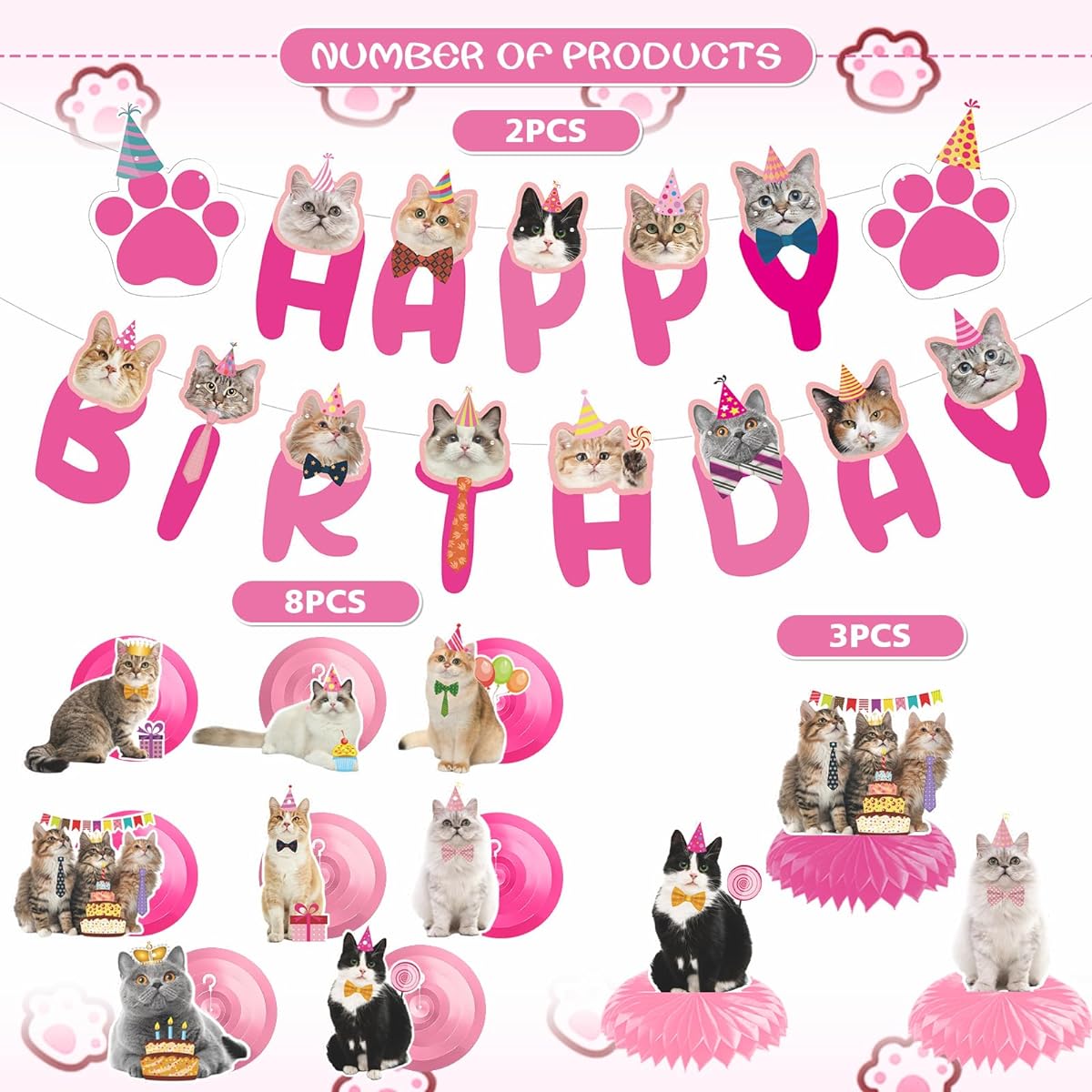 NOVBAUB Cat Birthday Party Hanging Swirls, 20pcs Cute Pink Cat Birthday Party Supplies Honeycomb Centerpieces Cute Cat Theme Birthday Party Decorations Cat for Kids Teens Adults