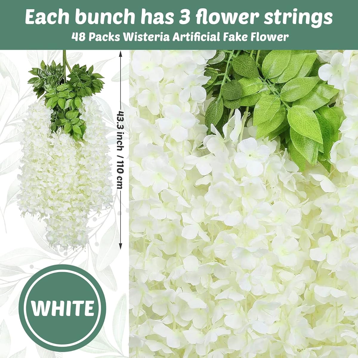 Tigeen 48 Pieces Artificial Wisteria Vines with LED Light String White Wisteria Garland Bulk Hanging Flower Garland Faux Wisteria Ivy for Garden Wedding Home Party Decoration