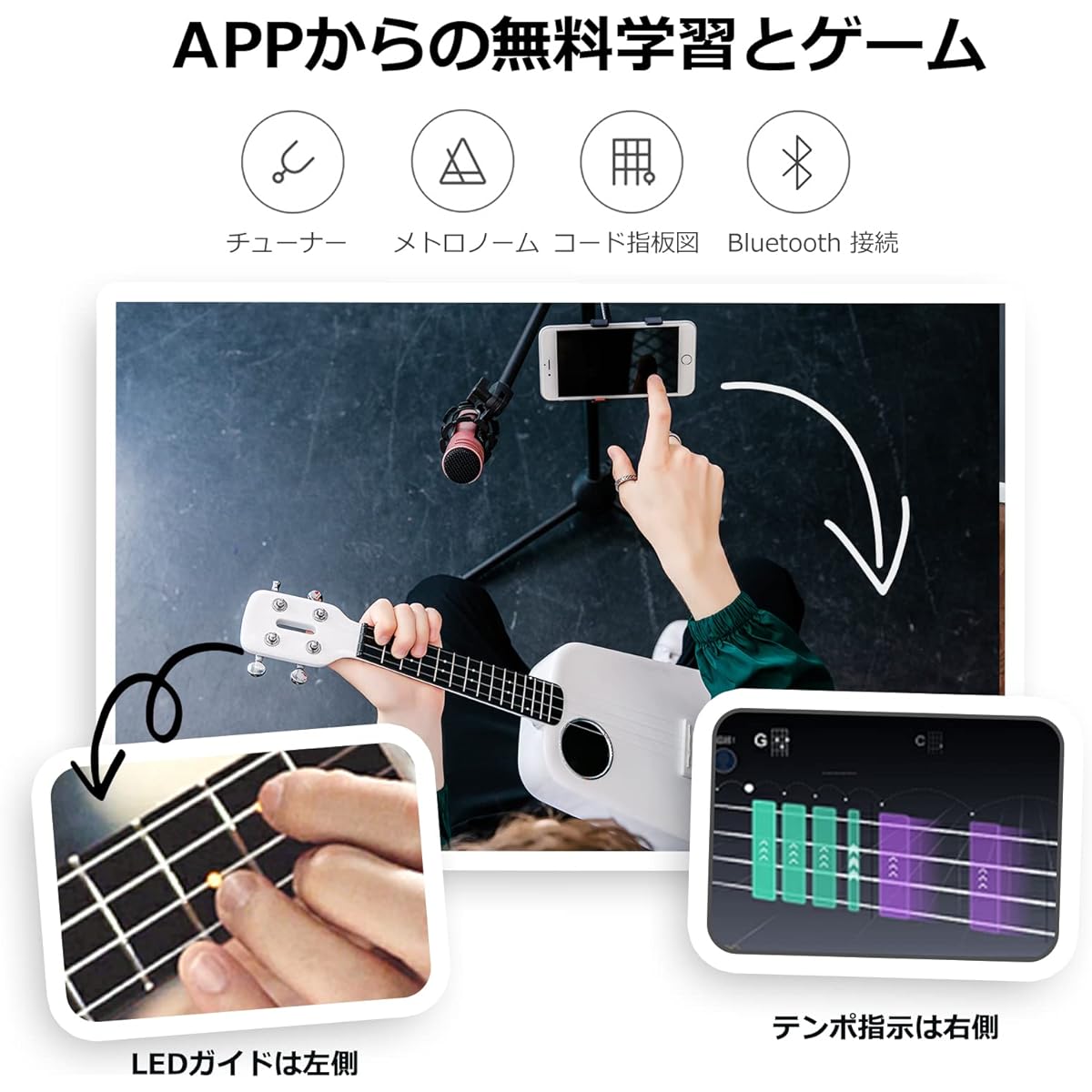 POPULELE Concert Ukulele Total Length 23 Inches All Carbon Fiber Nylon Strings LED Smart APP Control Beginner Ukulele Matte Texture White Beginner String Instrument
