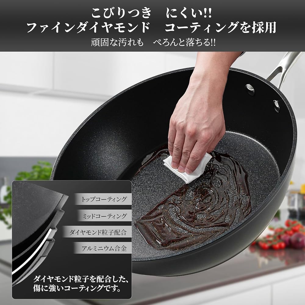 Fijinhom Deep Frying Pan, 26 cm, IH, Gas Fire Compatible, Stir-Fry Pot, Non-Stick, Easy to Clean, Contains No Harmful Substances, PFOA Free, No Even Heat, Dishwasher Safe, Lid Included, 2 Year Manufacturer's Warranty, Black