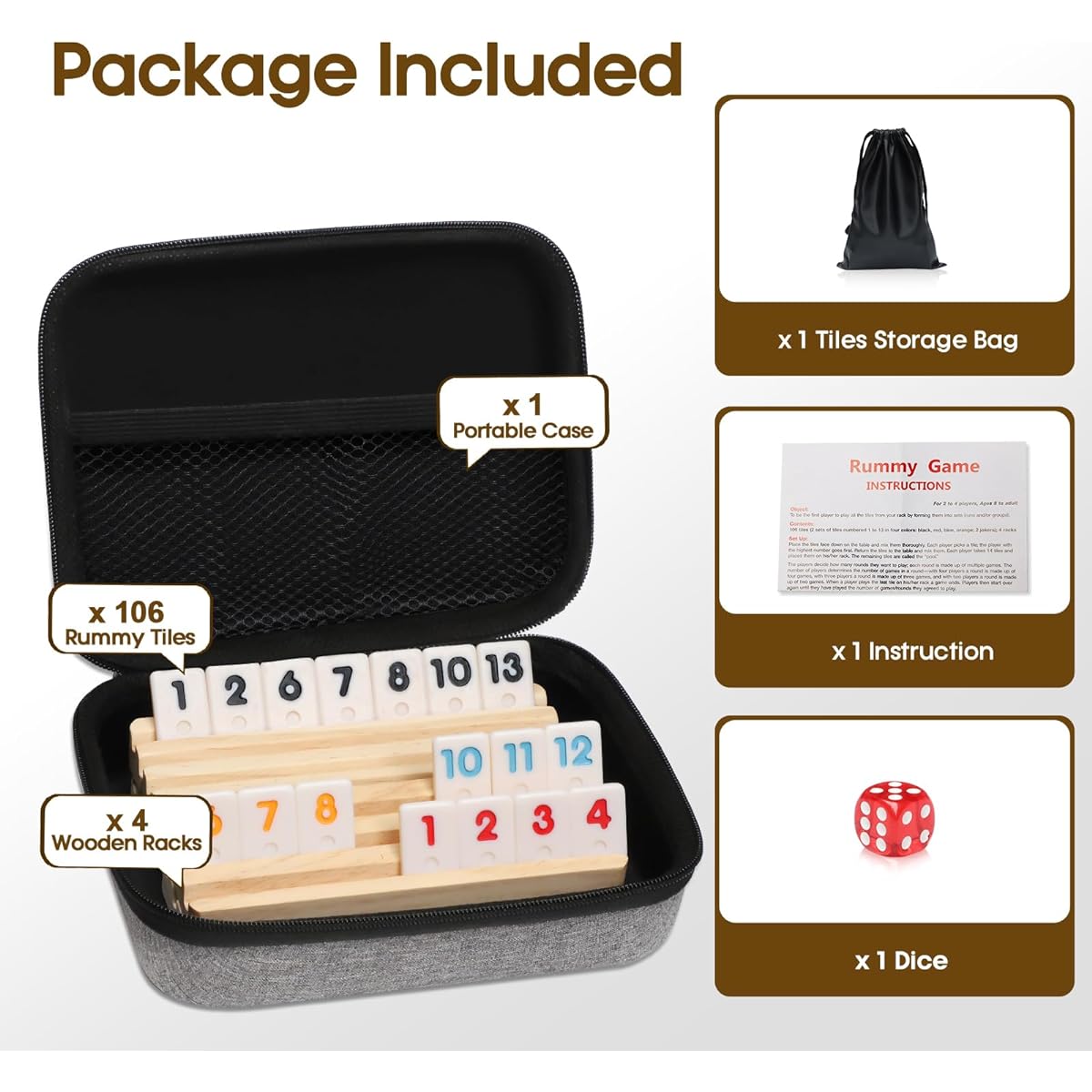 Rummy Cube Travel Game with Case and 4 Wooden Racks/Trays, 106 Rummy Travel Size Tiles, Game Set, Classic Travel Board Game Set with 4 Tile Holders, Great for Families