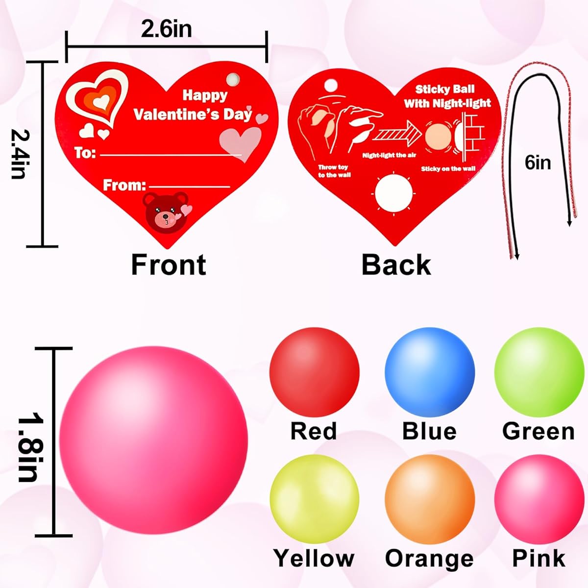AMENON Valentine Glow Stress Balls for Kids Fidget Toys Party Favors Sealing Balls Luminous Sticky Balls 6 Colors with 24 Valentine's Day Cards for Kids Boys Girls Valentine Gifts