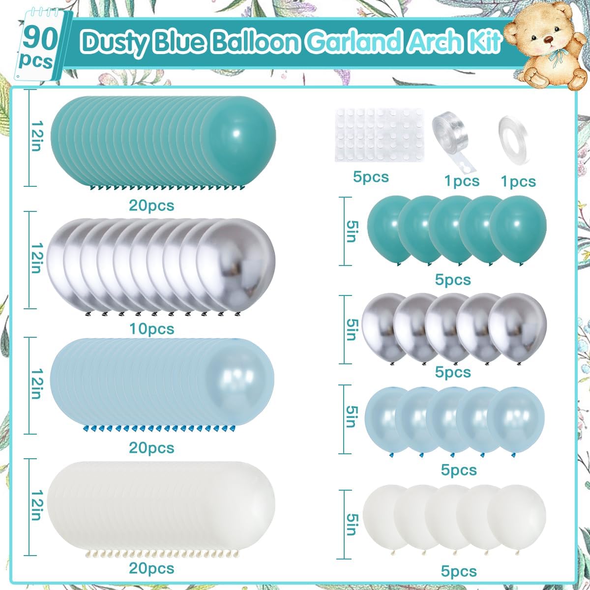 Patelern Dusty Blue Balloon Garland Arch Kit Retro Blue Metallic Silver White Balloon Garland Balloon Arch Ocean Blue Chrome Silver Balloon Baby Shower Decoration Birthday Wedding